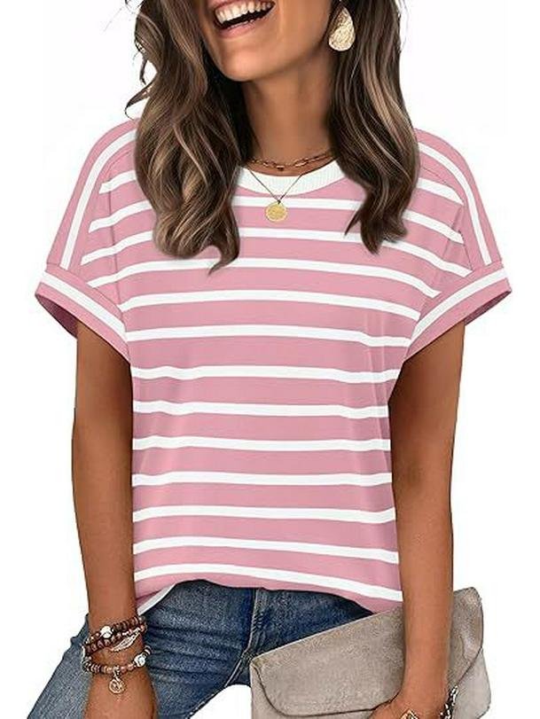 Temu 2023 Women's Colorful Striped Round Neck Pullover Casual T-shirt