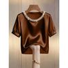 Damen Rundhals Perlenbestickt Puff Kurzarm Einfarbig Satin Lockerer Schnitt Elegant Büro Freizeit Bluse Top