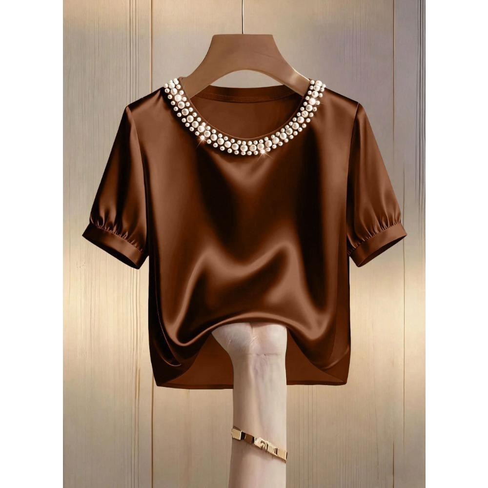 Damen Rundhals Perlenbestickt Puff Kurzarm Einfarbig Satin Lockerer Schnitt Elegant Büro Freizeit Bluse Top