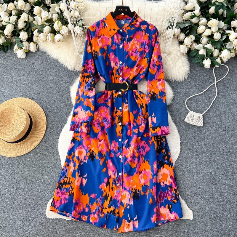 French retro light luxury high-end long-sleeved lapel single-breasted printed dress women's waist temperament big swing shirt skirt