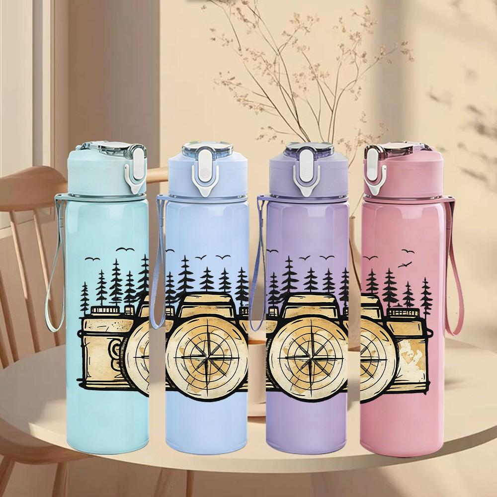 1PC Vintage Forest Compass 750ml Color Plastic Sports Water Bottle Leakproof Flip Straw Lid Suitable for Sports Office Home Use
