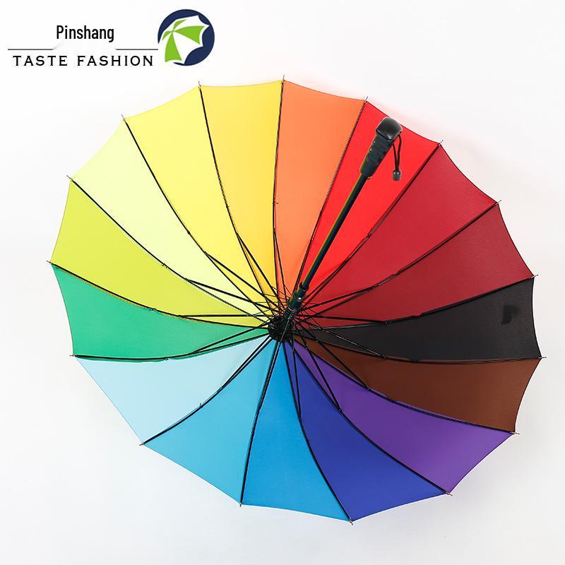 Automatic 16-Rib Rainbow Umbrella with Long Handle and Custom Logo