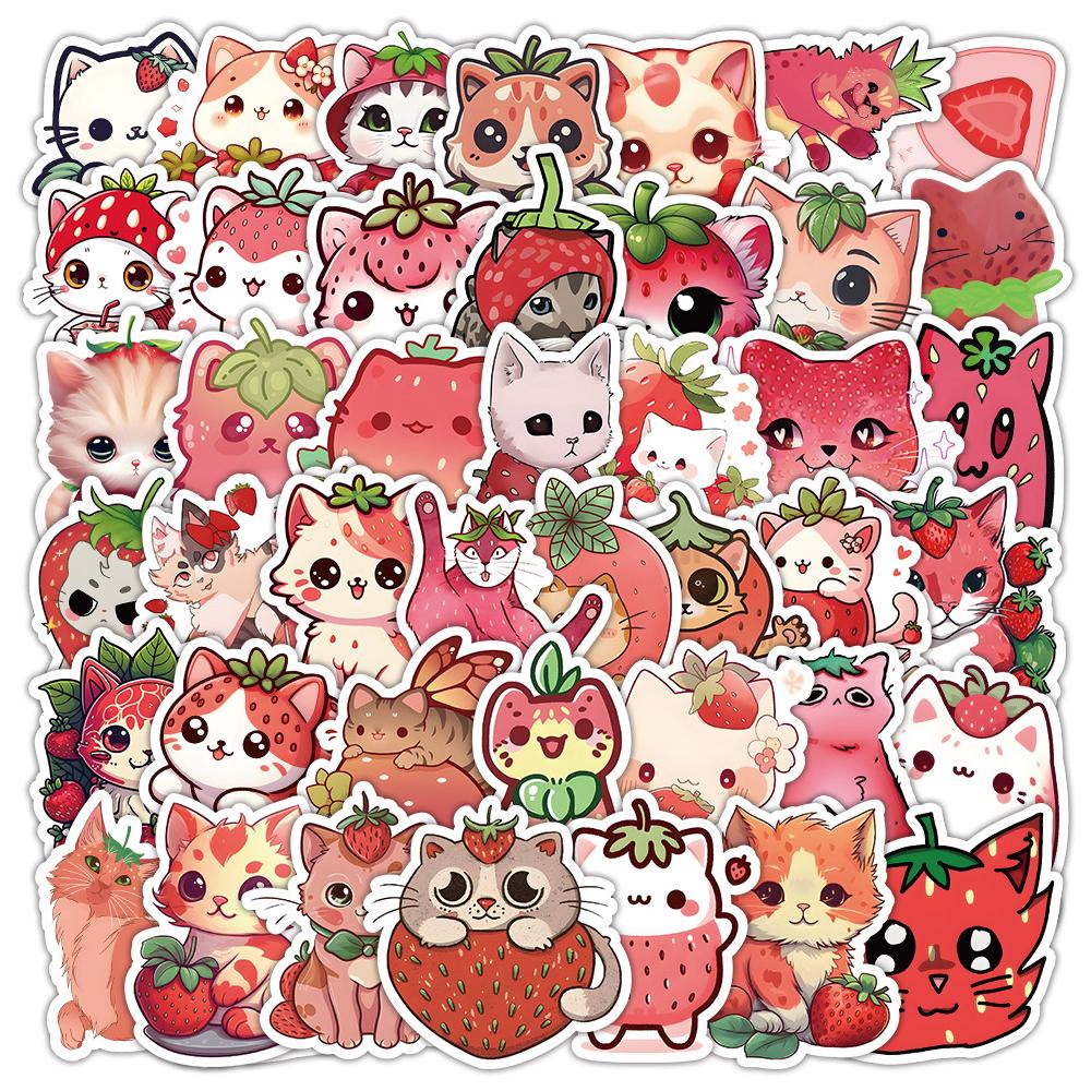 10/30/50pcs Kawaii Cute Cartoon Strawberry Cat Stickers Decals for Kids Toy Water Bottle Scrapbook Phone Case Graffiti Sticker