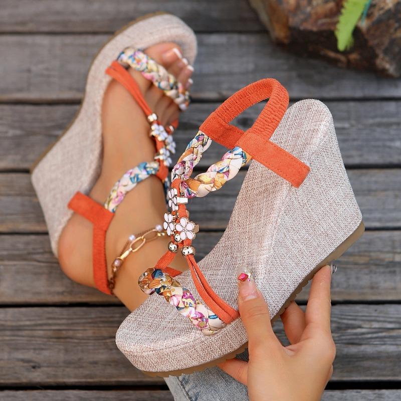 Damen Übergröße Farbblock Gewebte Keilsandalen Hohl Ausgeschnitten Offene Zehen Lässige Sommer Tägliche Schuhe