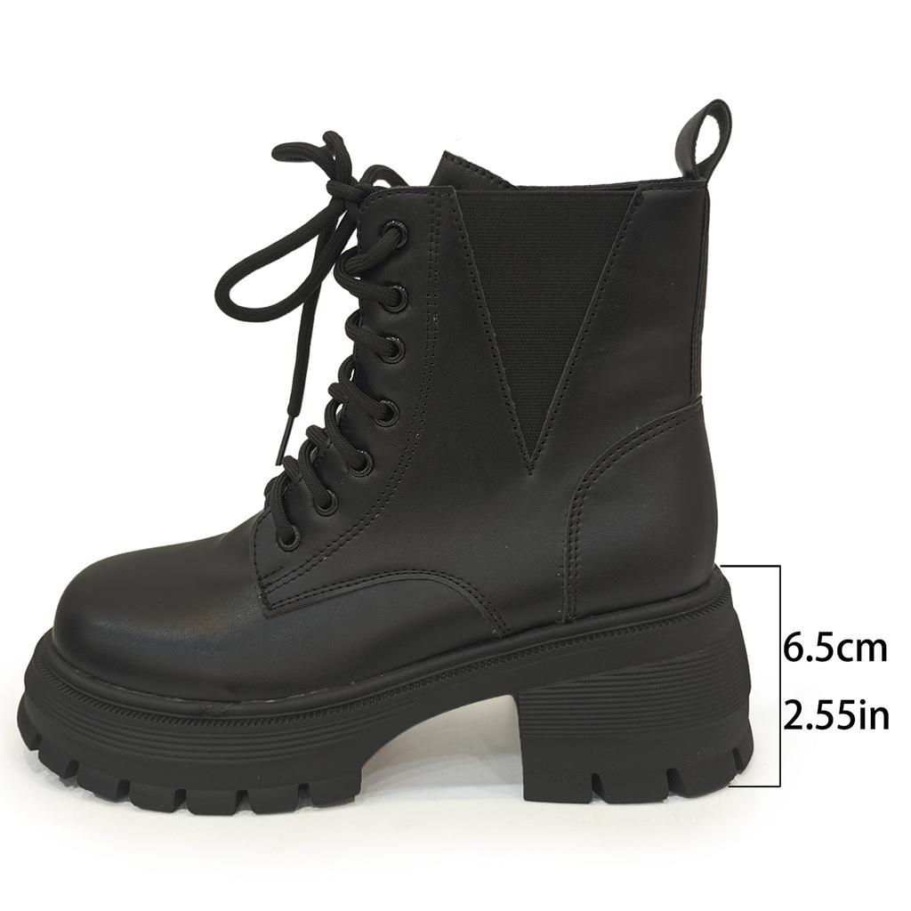 Fashion Punk Style Chunky Heeled Combat Boots for Women Black Pu Leather Platform Ankle Boots Woman Thick Sole Non Slip Motorcycle Botas