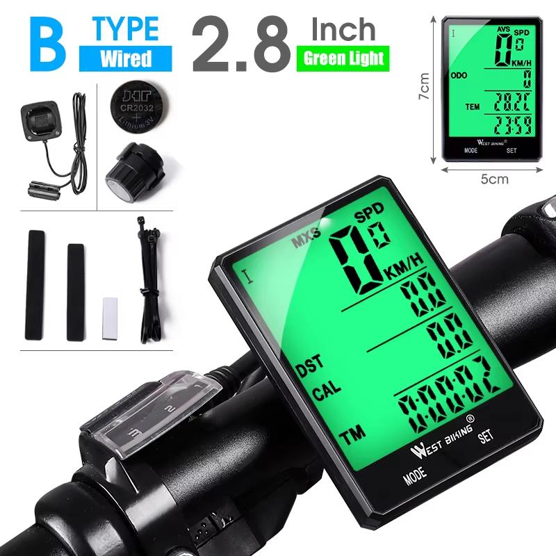 

WEST BIKING 2.8 Large Screen Bicycle Computer Wireless Wired Bike Computer Waterproof Speedometer Odometer Cycling Stopwatch Wired Handlebar