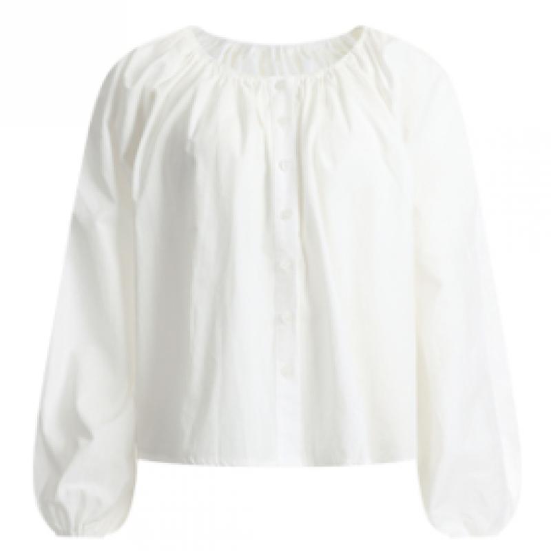 Shop   Women Cotton Round Semi Crop Flare Banding Blouse Beige Ean Wbl 1318