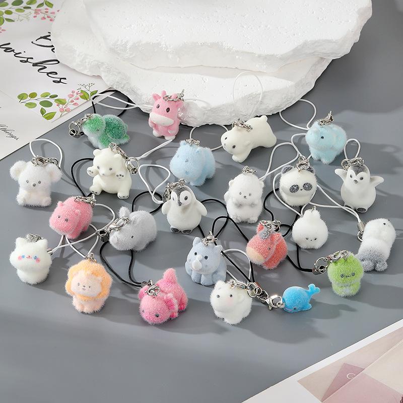 Flocking Penguin Hippopotamus Animal Keychains Phone Lanyard Resin Cute Tiger Beaver Bear Rhinoceros Bag Earphone Case Pendant