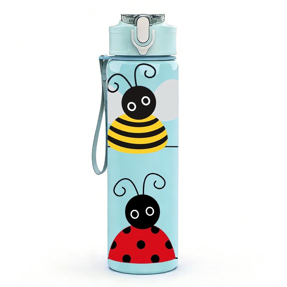 1PC Bee Ladybug Cartoon Pattern 750ml Color Plastic Sports Water Bottle Leakproof Flip Straw Lid Suitable for Sports Office Home Use