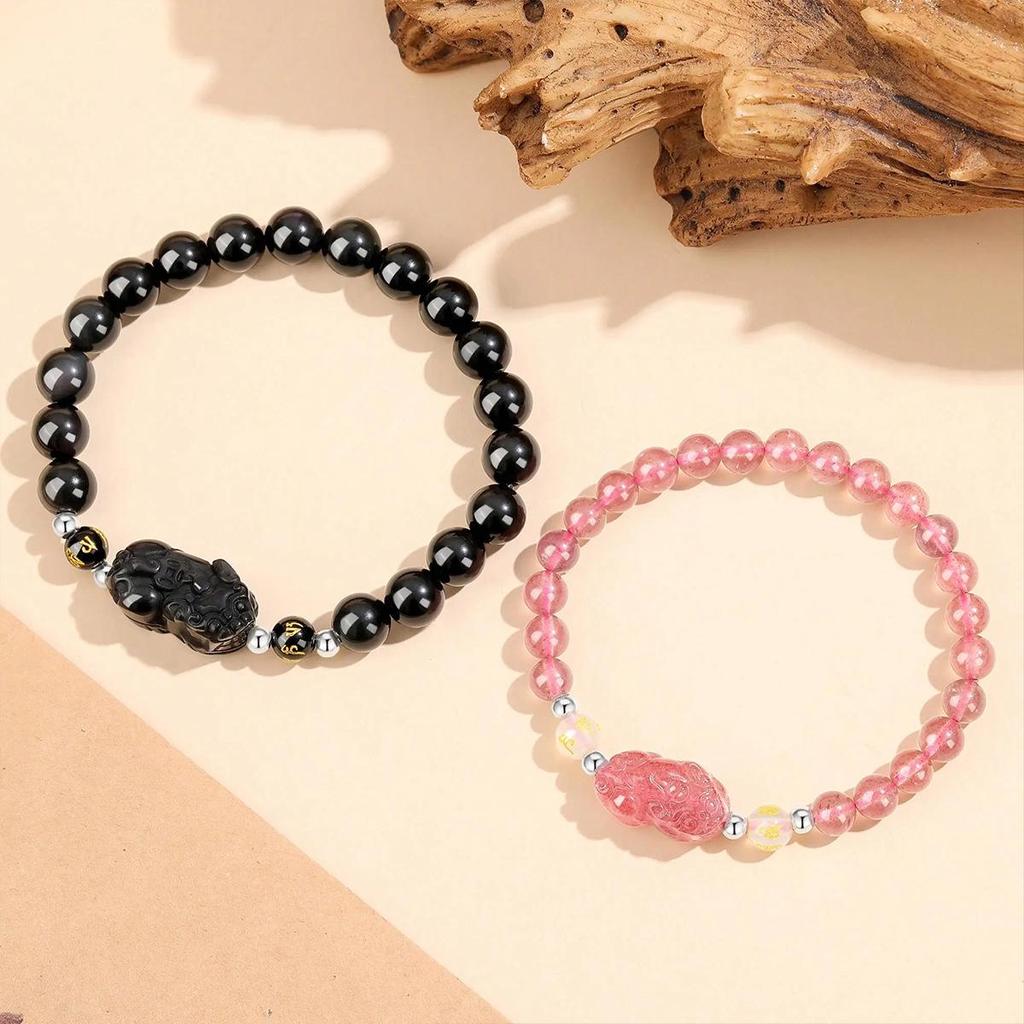 Armband aus natürlichem Kristallobsidian mit Erdbeerkristall-Pi Xiu, leichter Luxus, hochwertiger Damenschmuck