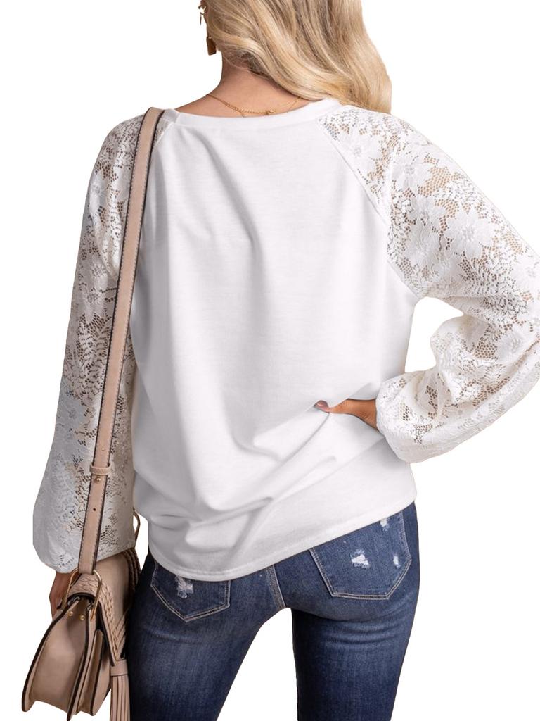 Women S Spring Autumn Casual Tops Long Sleeve O Neck Lace Floral Patchwork T-shirt