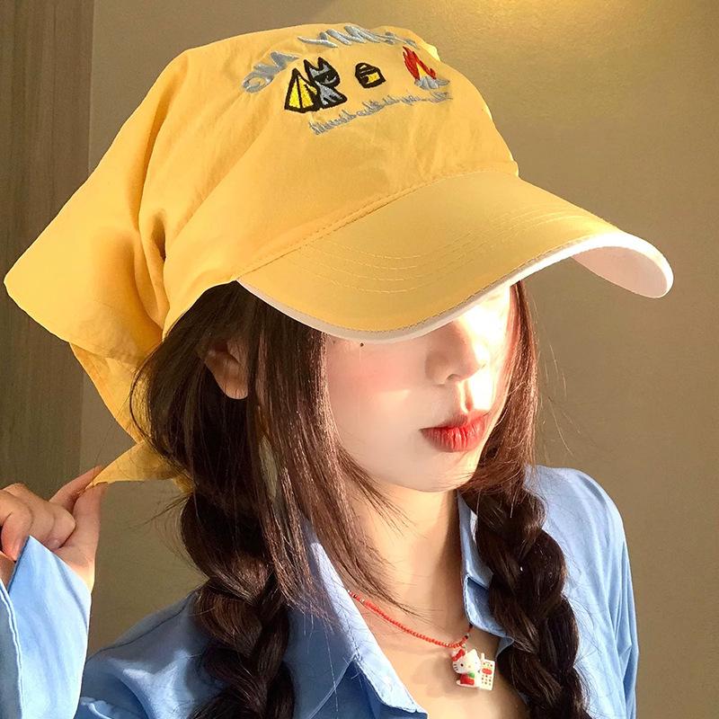 Yellow Cartoon Embroidery Headscarf Baseball Cap for Women – Hip Hop Style, Face-Slimming, Trendy Streetwear Accessory.