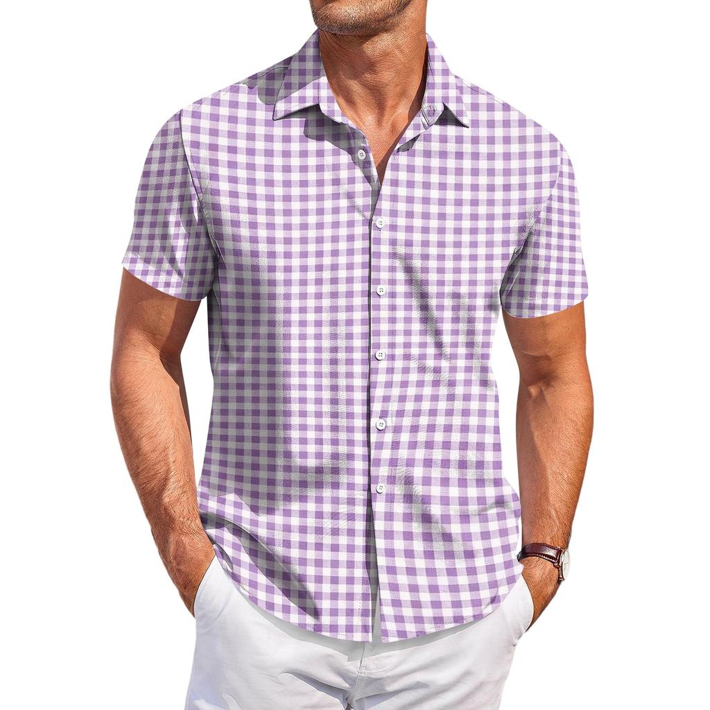 Men's Casual Short Sleeve Button Down Shirt Checkered Pattern Lightweight Breathable Fabric Relaxed Fit Summer Top