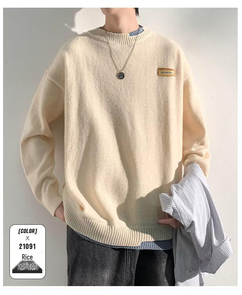 Hong Kong Style Men's Winter Fake Two-Piece Round Neck Sweater - Thick, Loose, Warm Knitwear