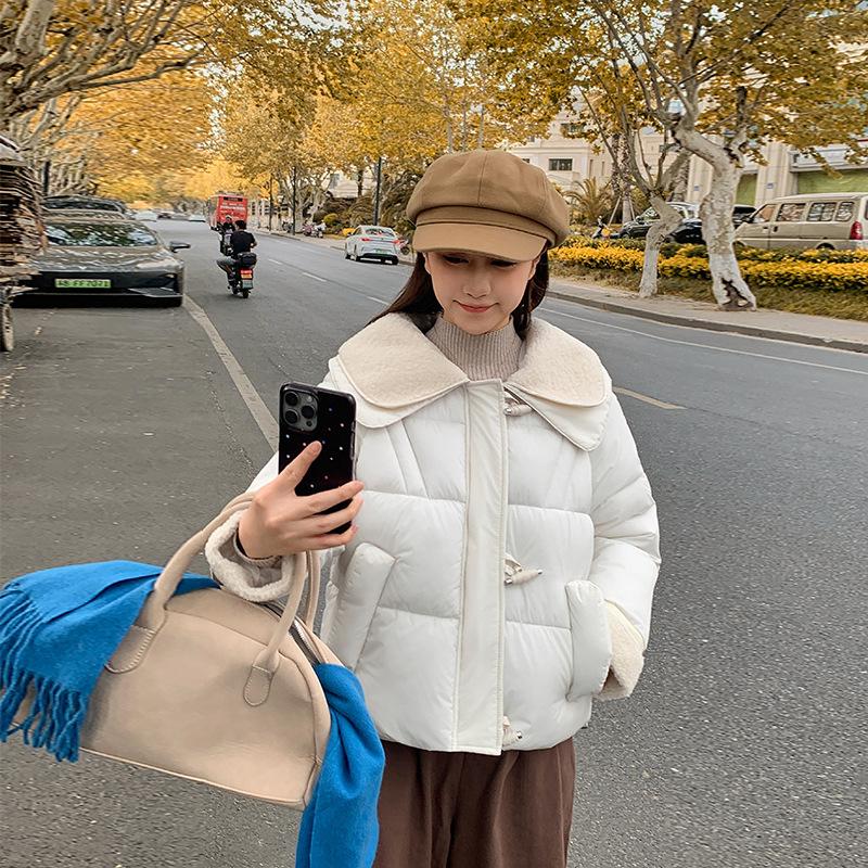 

Candy Color Stitching Double Lapel Horn Buckle Short Cotton-padded Coat for Students XXL