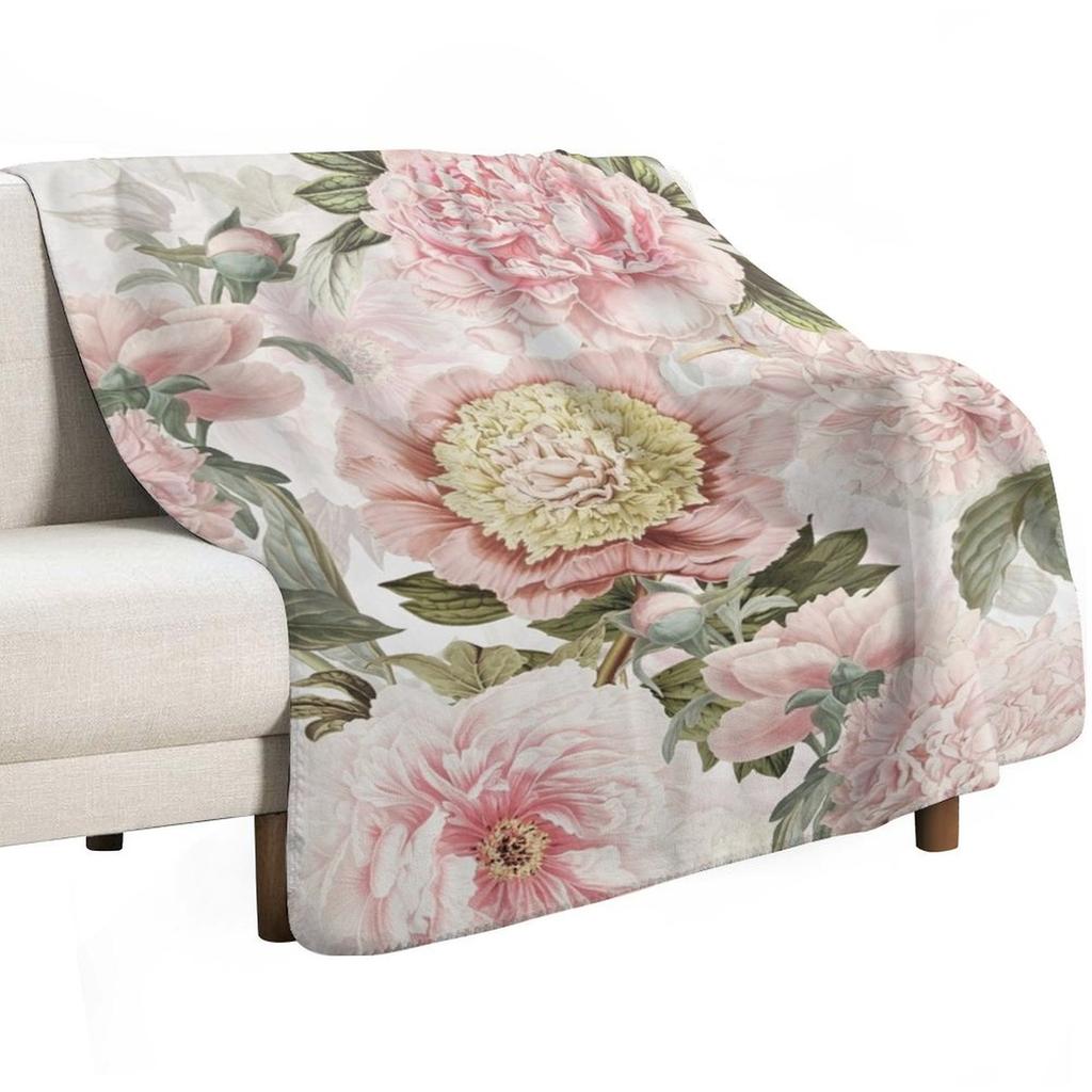Vintage Botanical Blush Peony Flowers Pattern Throw Blanket Travel Size Cozy Blanket for Plane Train