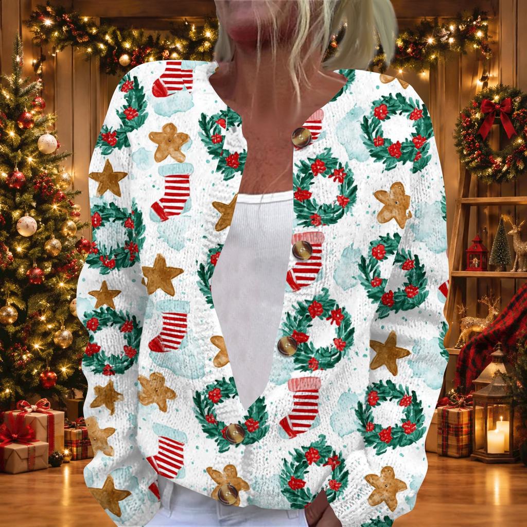 Women's Christmas Print Long Sleeve Knit Cardigan Button Down Sweater