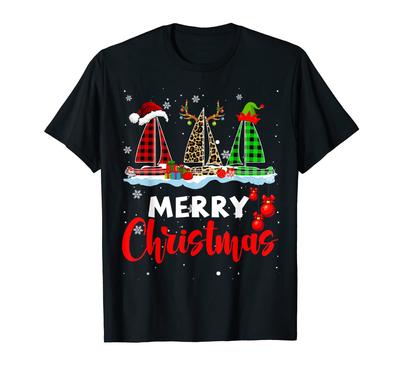 Merry Christmas Elf Reindeer Santa Plaid Leopard Yacht T-Shirt