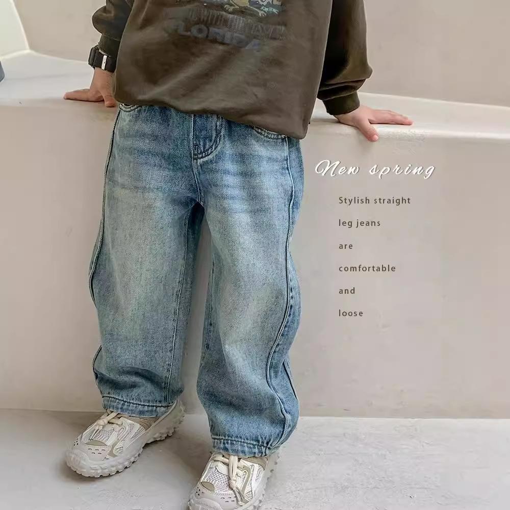 Boys  Spring Korean-Style Solid-Color Jeans: Mid-Rise Retro Straight-Leg Pants 120