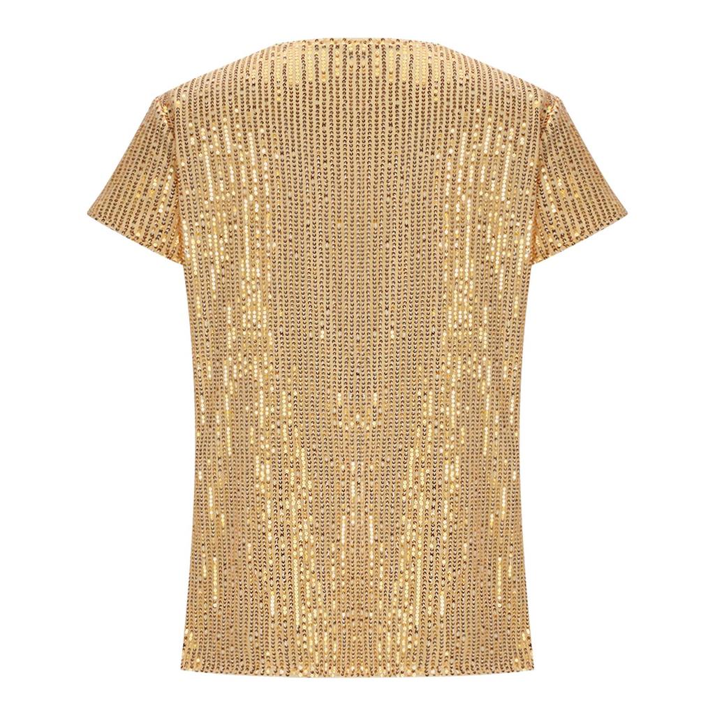 Women's Sequined Beaded V-neck Short-sleeved T-shirt