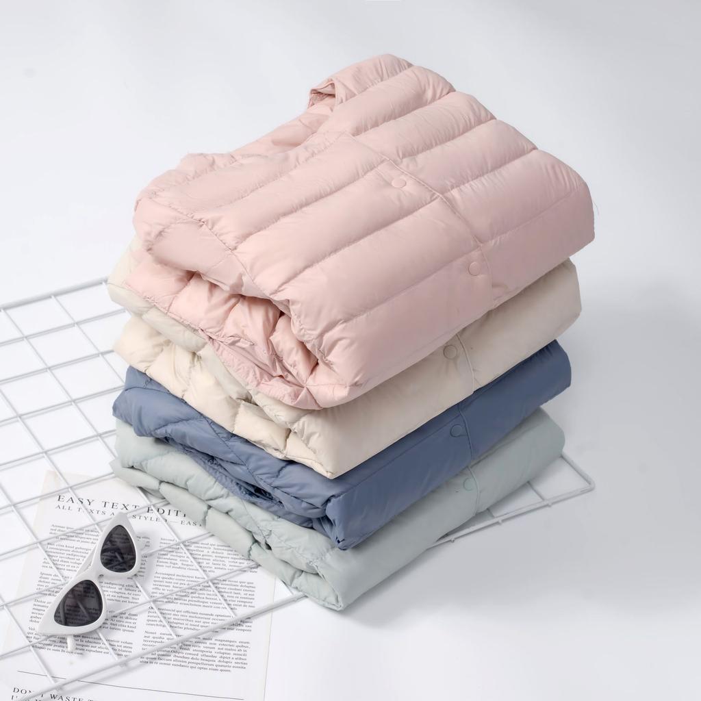 Dünne Damen Kurz Rundhals Herbst und Winter Einfacher Rundhals Warme Jacke Einfarbig Langarm Feder