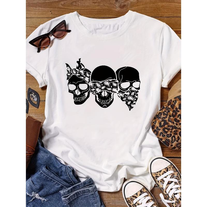 Women Three Skulls Print T-Shirt Round Neck Fashion Casual Top