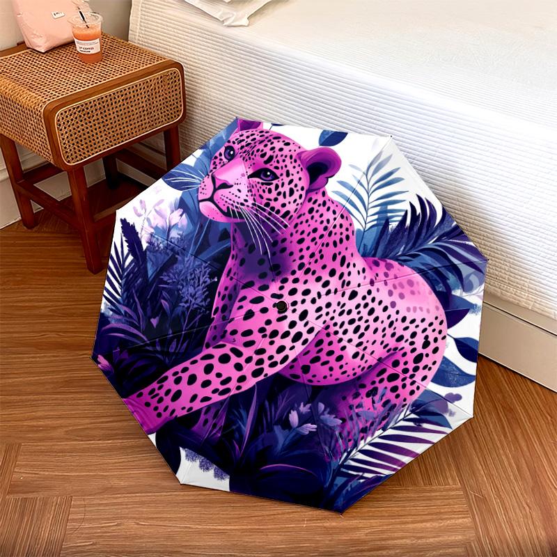 

1 PC Automatic Folding Umbrella - Purple Leopard Pattern, Portable & Foldable Design with 8 Ribs, Christmas Birthday Gifts
