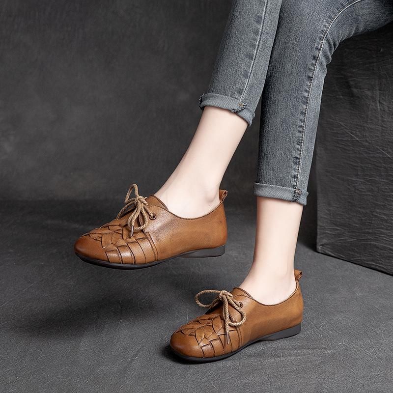Herbst Neue Vintage Handgeflochtene Schnürung Flache Mokassins Erste Schicht Rindsleder Lässige Damenschuhe