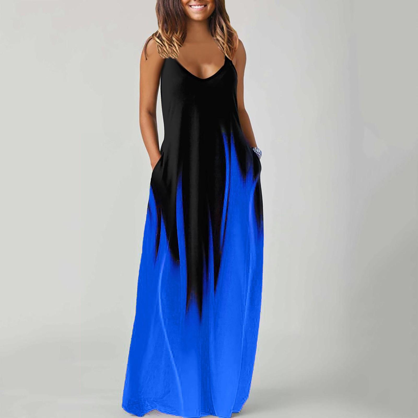 

Женское карманное платье с принтом, пляжные вечеринки, жилет для вечеринки, супер длинное платье без рукавов XXXL синий