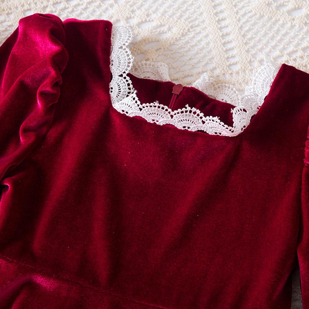 Girls Fashion Cute French Lace Neckline Princess Dress Long Sleeve Solid Color Dresses