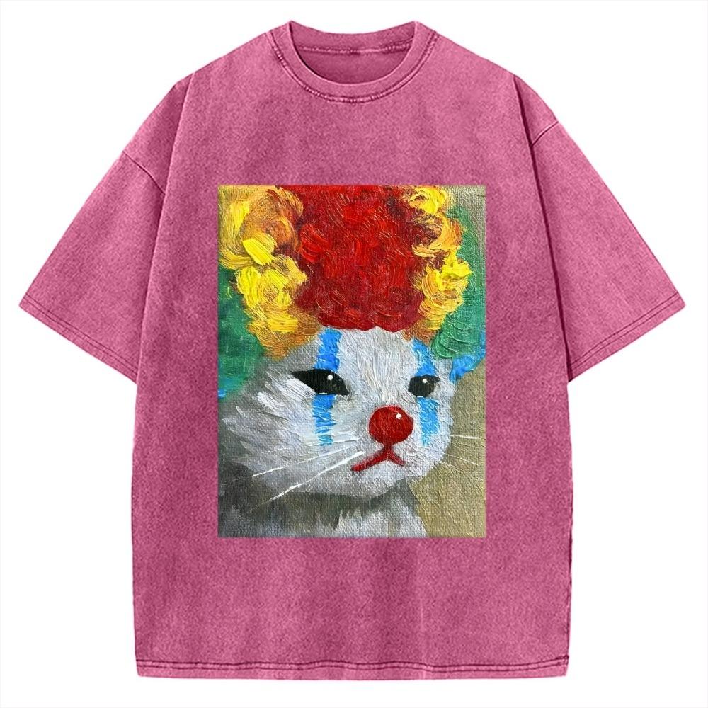 

Artistic Clown Cat Print T-Shirt Oversized Vintage Washed Heavyweight 100% Cotton Streetwear Top Summer Holiday Men Clothes 3XL