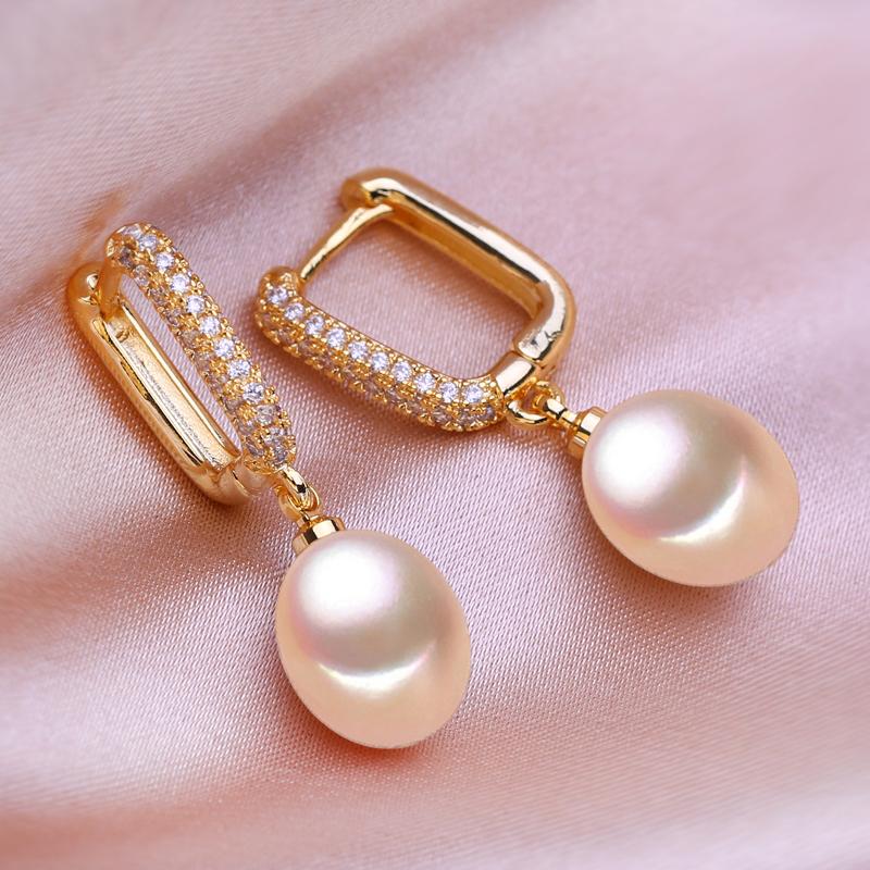 SENIKO 8-9mm Natural Freshwater Pearl Earrings Geometry Design Fashion Cubic Zirconia Clip Earrings For Women Earrings Girl Gift