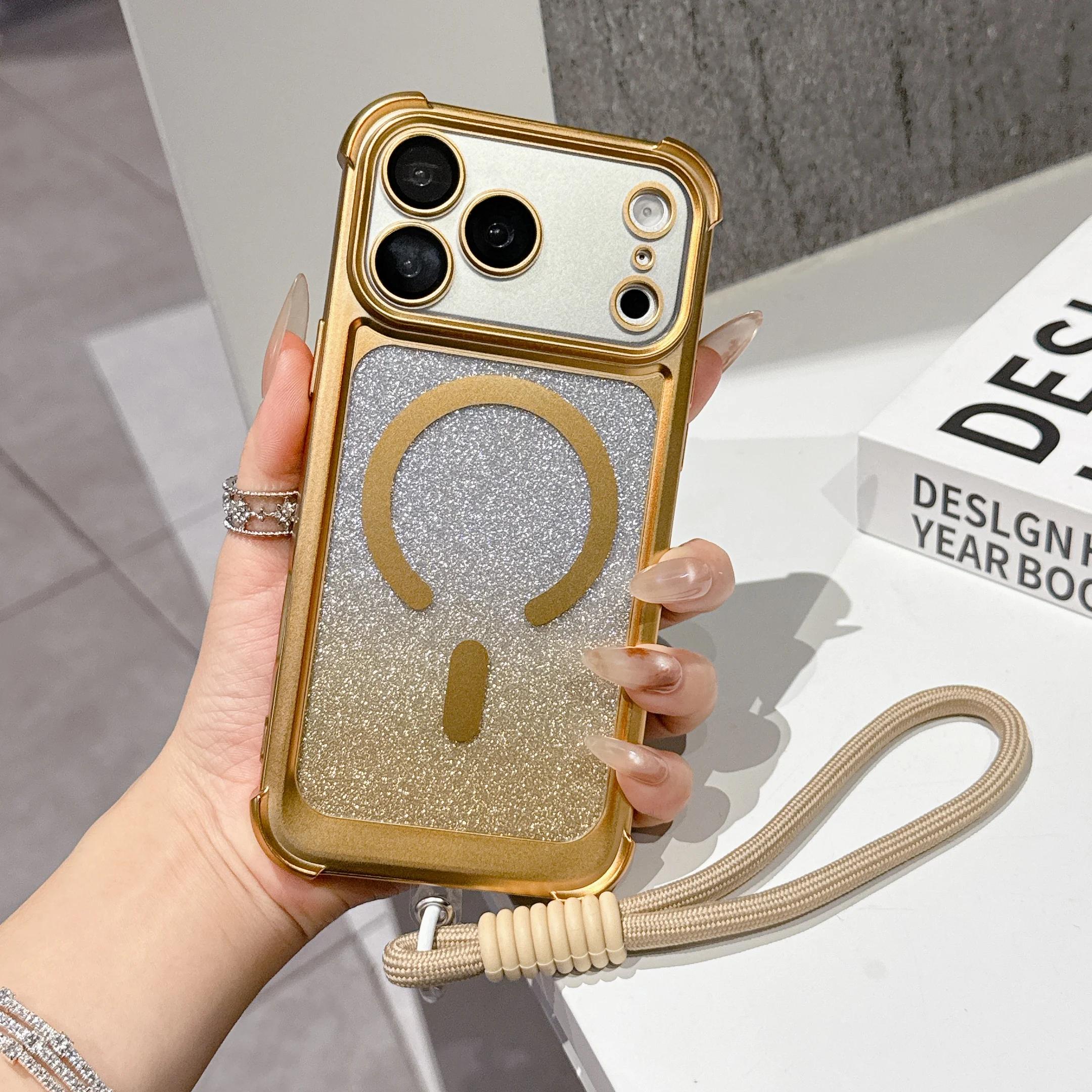 

Luxury Glitter For Magsafe Wireless Charging Case for iPhone 17 16 15 14 Plus 13 Pro Max Plating Armor Lanyard Wrist Band Cover For iPhone 17 ProMax