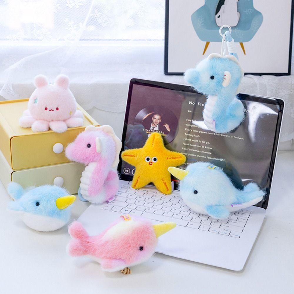 Starfish Ocean Animal Plush Keychain Kawaii Fluffy Whale Keyring Seahorse Pendant Children