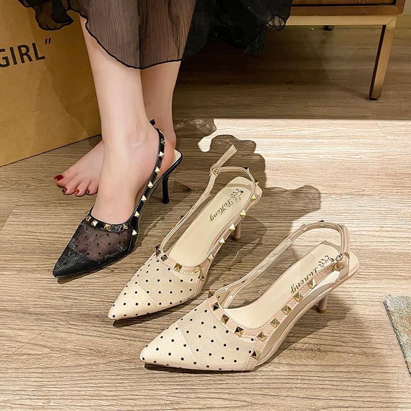 Sandals polka dot high heels with bow 2025 new mesh bag head thin heel summer patent leather women's back space