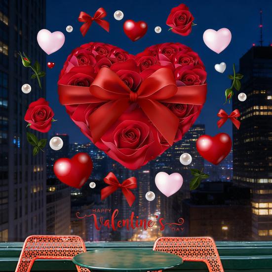 Heart-Shaped Rose Flower Window Sticker Valentine's Day Removable PVC Window Glass Decal Reusable Static Clings for Home Wedding Anniversary