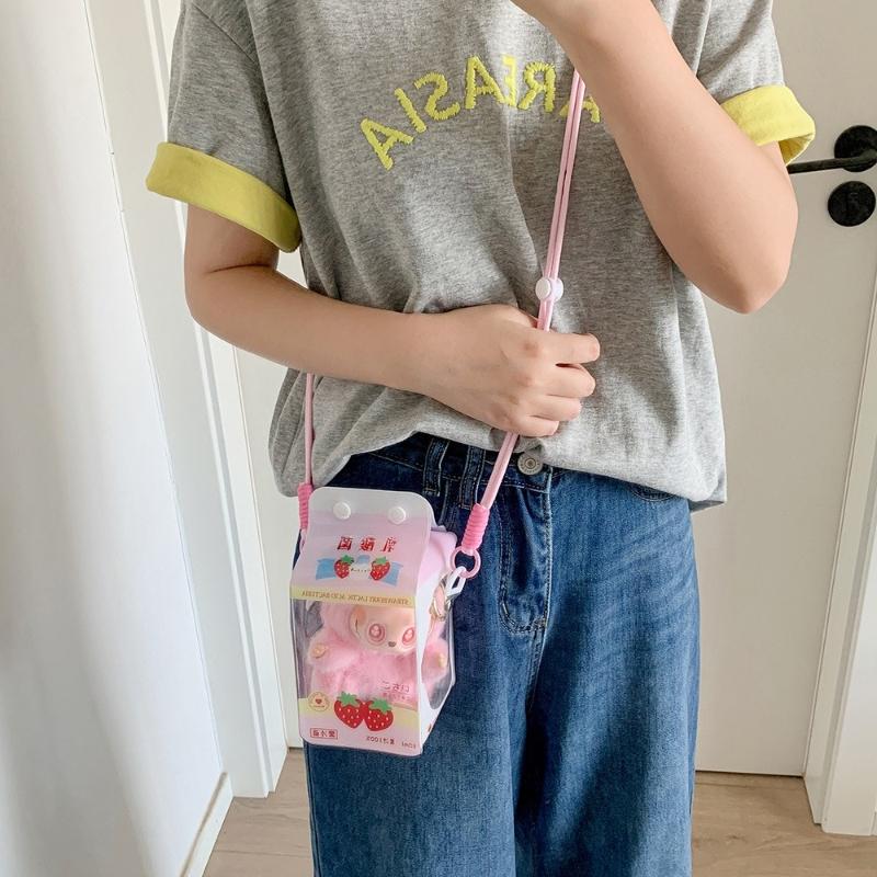Cartoon Banana Milk PVC Storage Bags for 13cm Plush Doll Transparent Protective Case Cotton Doll Shoulder Pain Bag with Rope