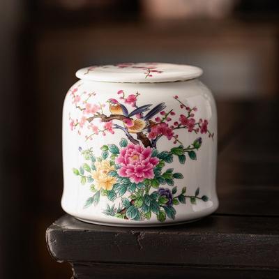 Große Keramik-Teedose mit Deckel – Vintage Vogel- & Blumendesign, Luftdichter Vorratsbehälter für losen Tee