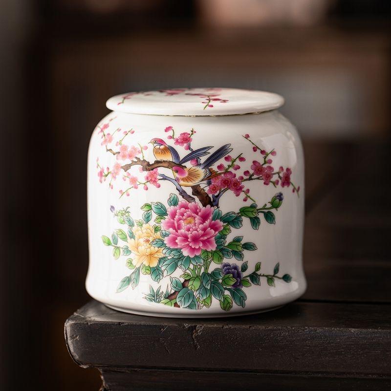 Large Ceramic Tea Caddy with Lid – Vintage Bird & Flower Design, Airtight Storage Jar for Loose Leaf Tea