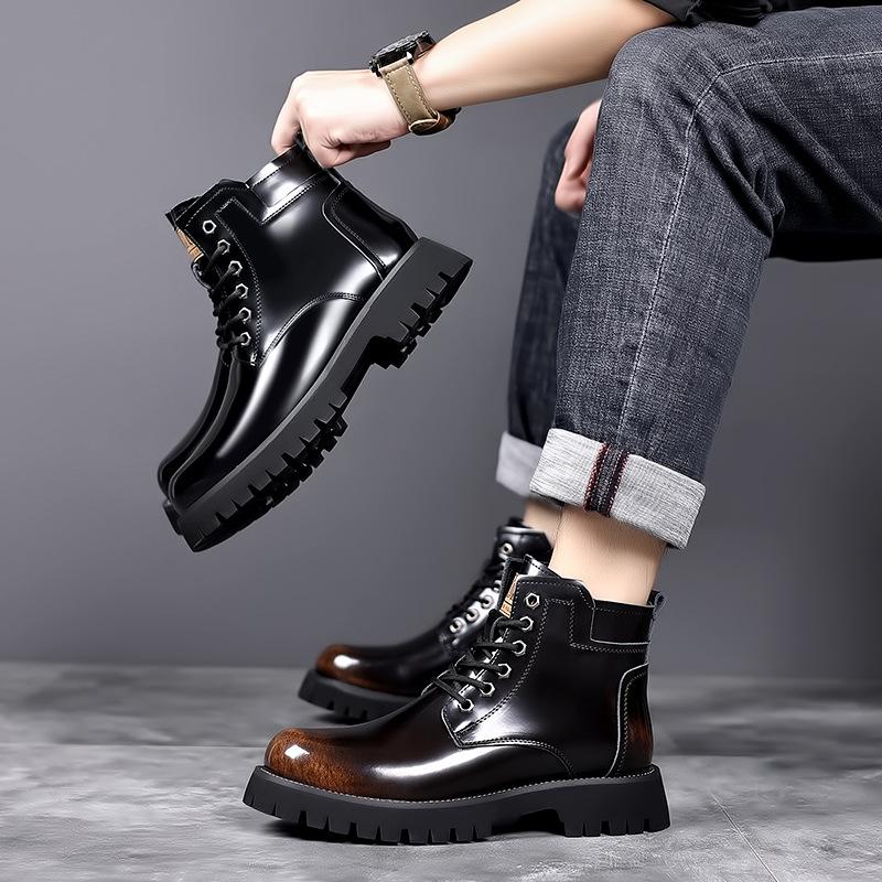 Autumn and winter new high-top velvet men's shoes are hot-selling genuine leather bright leather heightening retro Martin boots to keep warm