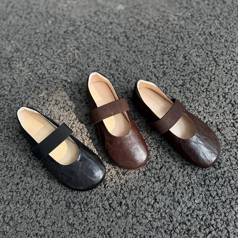 Johnature Sapatos Mary Jane Femininos de Couro Genuíno com Elástico Casual de Couro de Vaca Macio Flats Confortáveis com Solado Macio