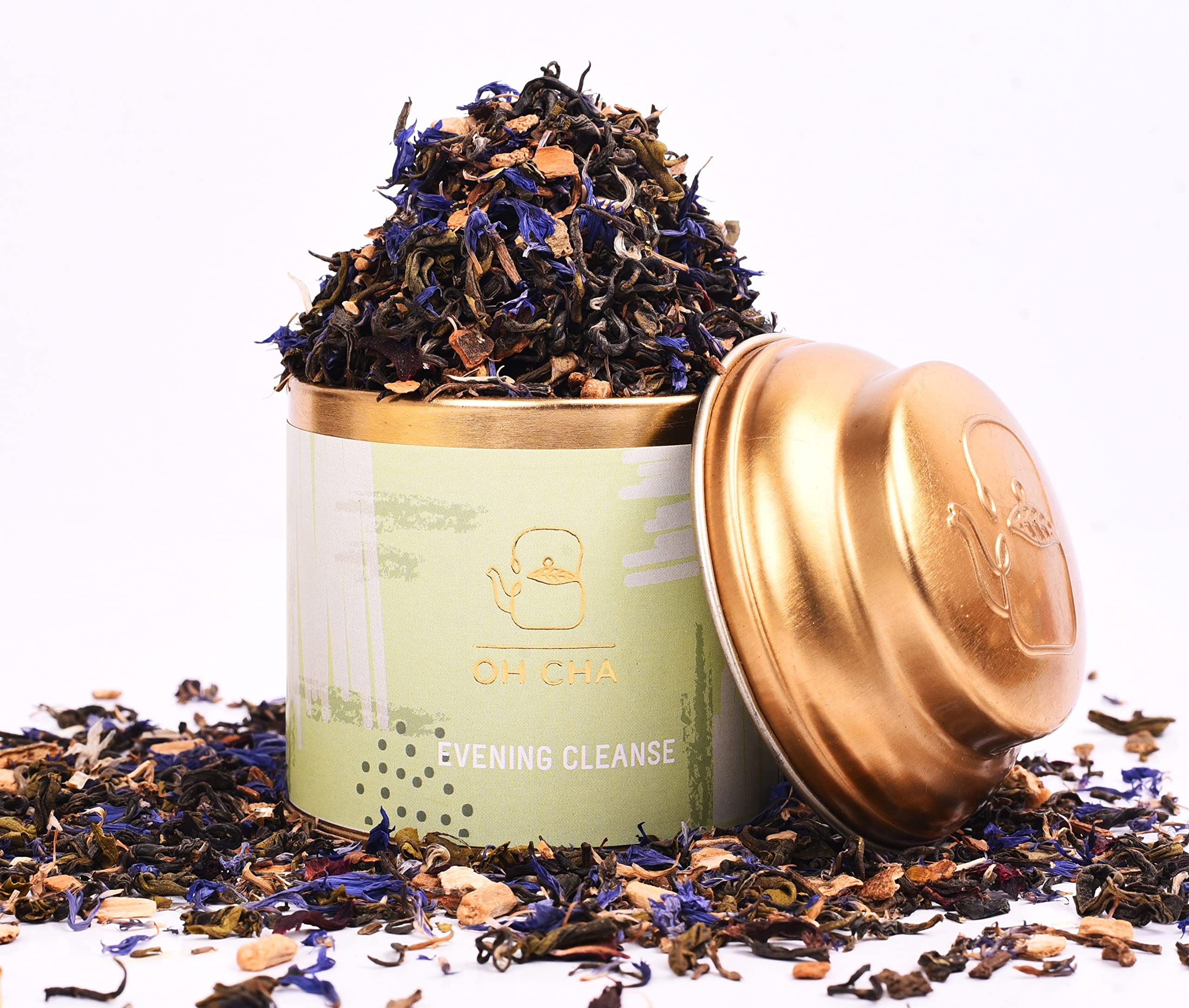 

OH CHA - Evening Cleanse | Detox Green Tea with Brahmi, Shatavari, Cinnamon, Blue Cornflower, Hibiscus, Citric Rinds | Cleanse Worries Away