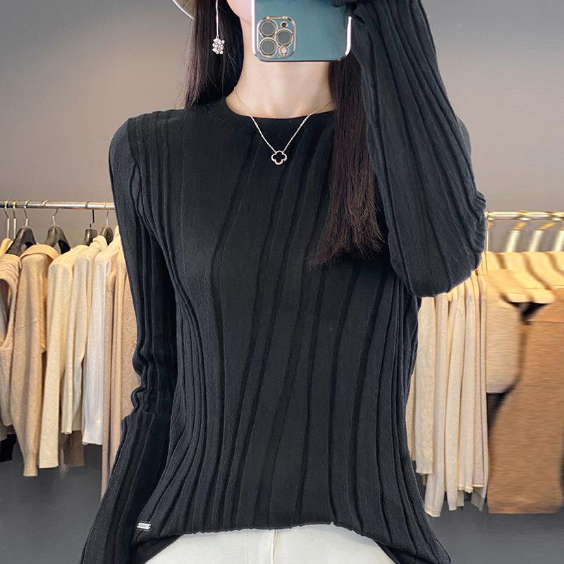 Damenmode Rollkragen Rundhals Oberteil Locker Strickware Langärmliger Strick Herbst und Winter Einfarbig Unterhemd