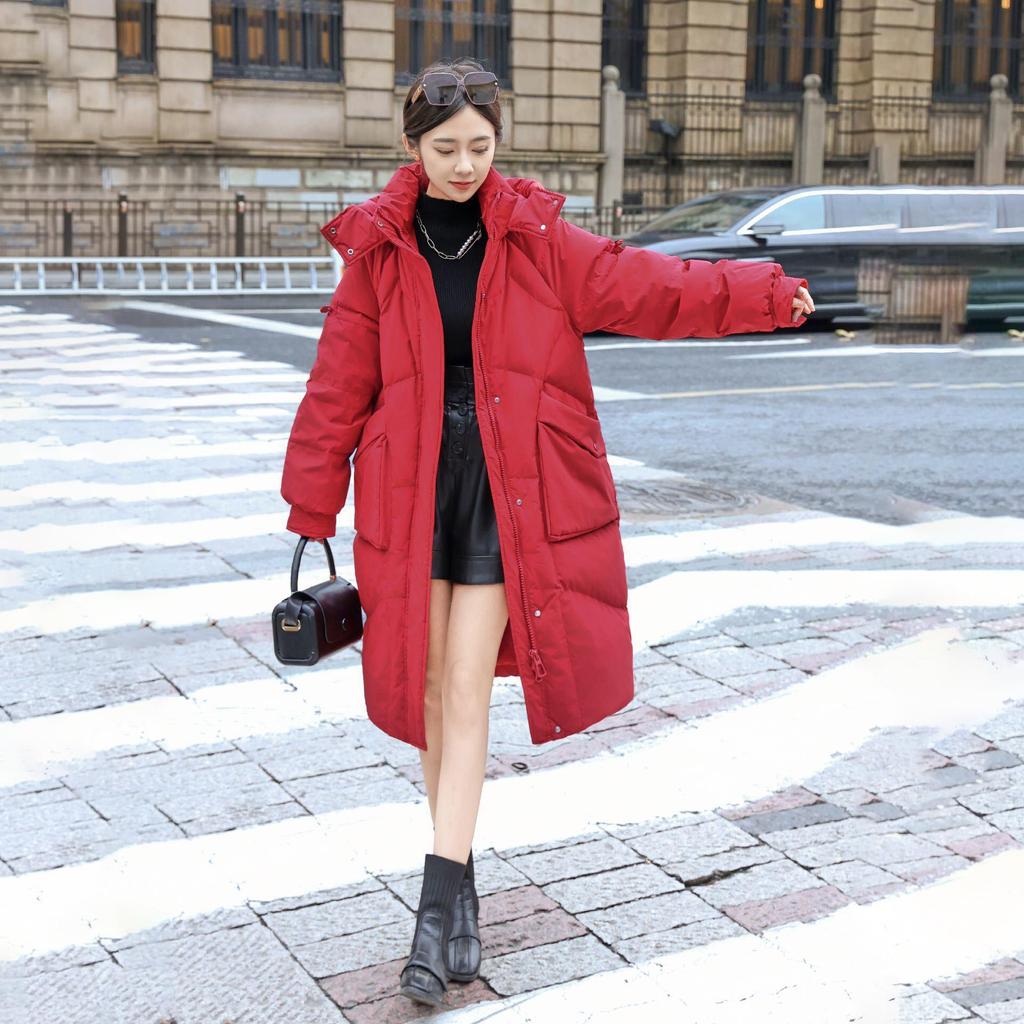 Damen Winter Herbst Kapuzenjacke Weiße Entendaunenjacke Mantel Locker Lang Einfarbig Große Tasche Abnehmbarer Hut Daunenmantel