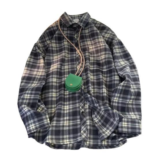 Frühlings- und Herbsthemd für Herren, Umlegekragen, karierter Druck, lockerer Button-Down-Stil, Retro-Stil, langärmeliges Streetwear-Oberteil im amerikanischen Stil für Reisen und den täglichen Gebrauch