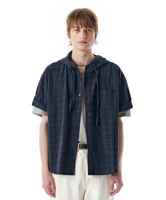 Sekeonmonollogeu Roll-Up Button Hooded Check Half Shirt [Navy]_Sesh013Navy