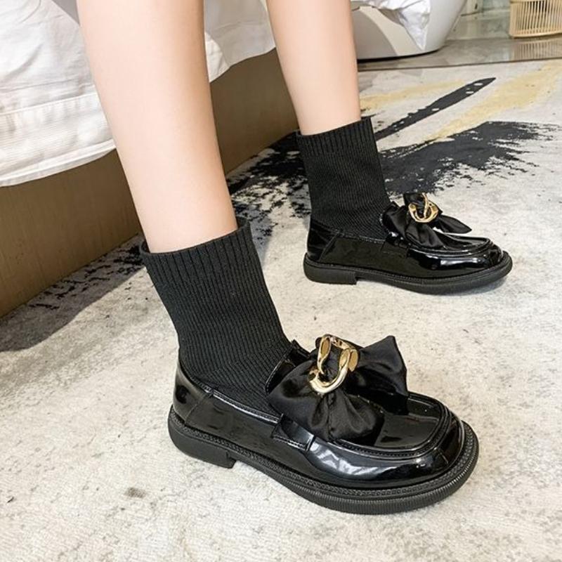 2025 New Women's Knit Socks Boots with Bow Black Ankle Shoes Autumn and Winter Fashion Casual Office Loafers for Women