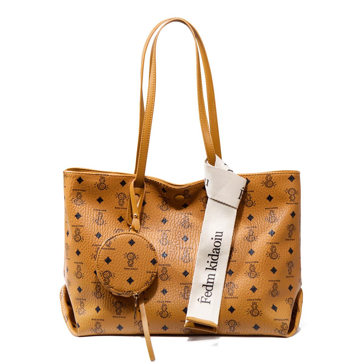 

Vintage Large-Capacity Handbag for Foreign Trade, Fashionable Trendy Printed Tote Bag, Commuting Simple Textured Shoulder Bag Wholesale коричневый