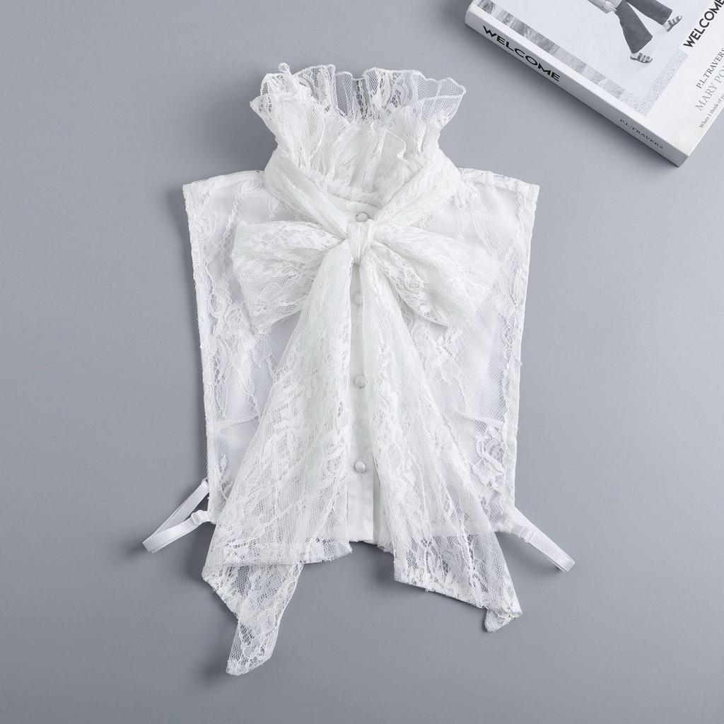 Heavy Industry Ruffled Bow Lace High-Neck Fake Collar for Autumn Wear