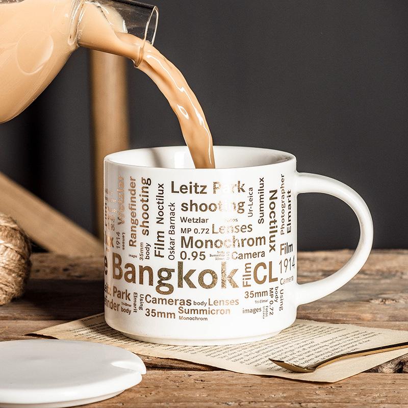 

Черно-белая кружка золотая английская керамическая чашка с крышкой ложкой текстура кофейная чашка подарочная чашка памятная легкая роскошь 401-500ml белый